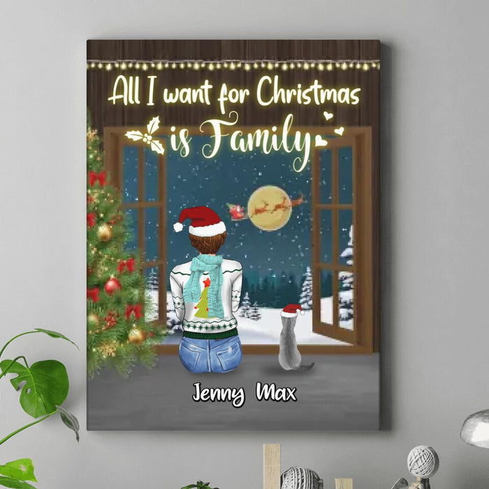 Custom Personalized Christmas Family Canvas - Gift Idea For Family/Christmas - Couple/Parents With Up To 3 Kids And 3 Pets - All I Want For Christmas Is Family