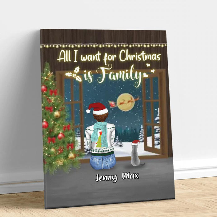 Custom Personalized Christmas Family Canvas - Gift Idea For Family/Christmas - Couple/Parents With Up To 3 Kids And 3 Pets - All I Want For Christmas Is Family