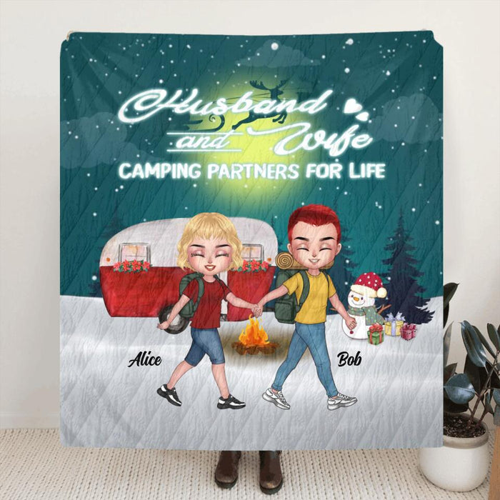 Custom Personalized Xmas Camping Couple Quilt/Single Layer Fleece Blanket/Pillow Cover - Christmas Gift Idea For Couple - Husband And Wife Camping Partners For Life