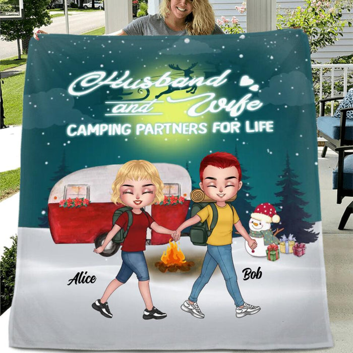 Custom Personalized Xmas Camping Couple Quilt/Single Layer Fleece Blanket/Pillow Cover - Christmas Gift Idea For Couple - Husband And Wife Camping Partners For Life