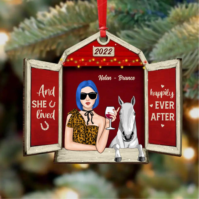 Custom Personalized Girl & Horse At Barn Wooden Ornament - Upto 3 Horses - And She Lived Happily Ever After