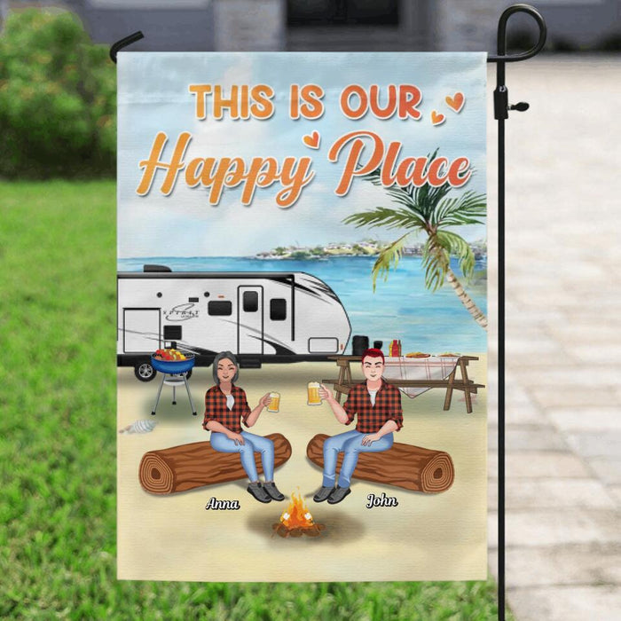 Custom Personalized Camping Flag Sign - Gift Idea For Family/ Camping Lover - Couple/Parents With Upto 2 Kids And 4 Dogs - This Is Our Happy Place