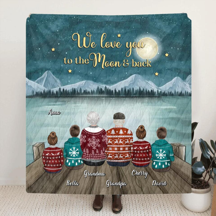 Custom Personalized Grandparents & Grandkids Quilt/Single Layer Fleece Blanket - Gift Idea For Grandma/Grandma - Upto 4 Kids - We Love You To The Moon & Back