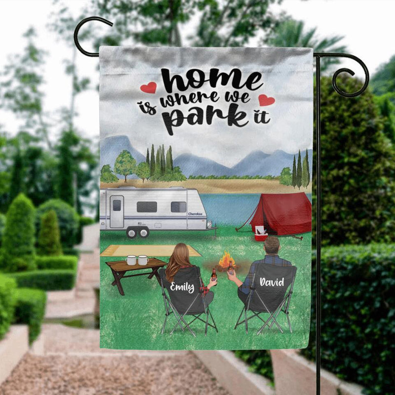 Personalized Camping Flag Sign - Gift Idea For Couple/Family/ Camping Lover - Couple/Parents With Up to 2 Kids And 3 Dogs - Home Is Where We Park It