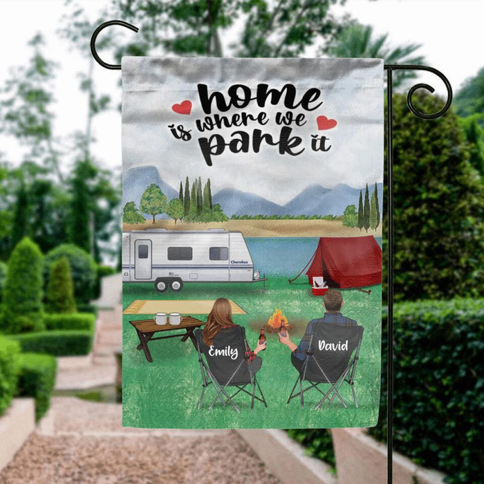 Custom Personalized Camping Flag Sign - Gift Idea For Couple/Family/ Camping Lover - Couple/Parents With Upto 2 Kids And 3 Dogs - Home Is Where We Park It