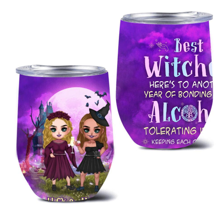 Custom Personalized Bestie Witch Wine Tumbler - Upto 5 Girls - Gift Idea For Halloween/ Friends - Best Witches Here's To Another Year Of Bonding Over Alcohol