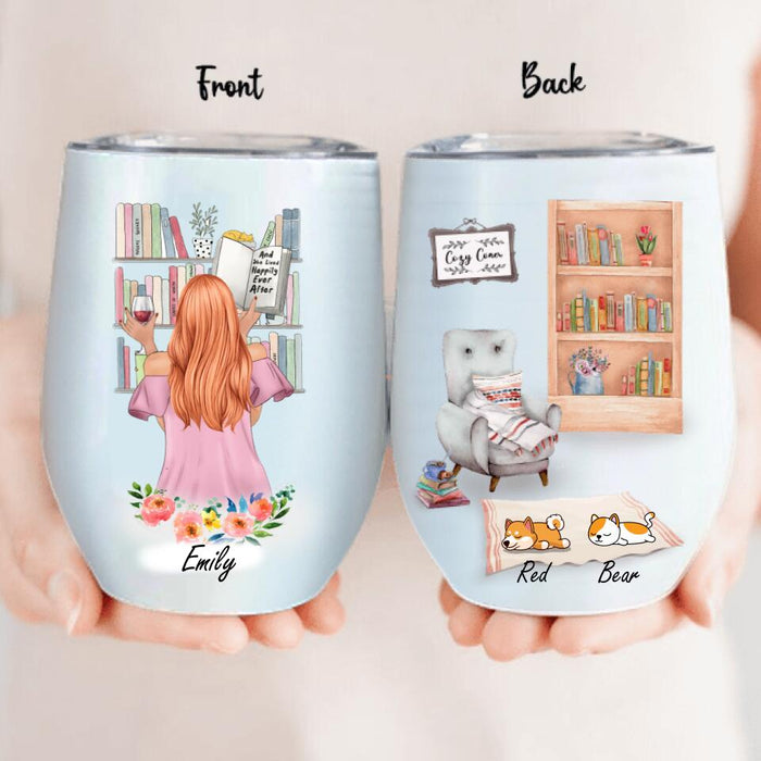 Custom Personalized Reading Pet Mom Wine Tumbler - Upto 5 Pets - Gift For Dog/ Cat Lovers