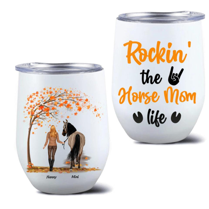 Custom Personalized Horse Mom In Autumn Wine Tumbler - Girl With Upto 2 Horses - Best Gift For Horse Lover - Rocking The Horse Mom Life