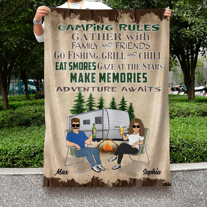 Custom Personalized Couple Camping Flag Sign - Gift Idea For Couple/Camping Lovers - Camping Rules Gather With Family & Friends