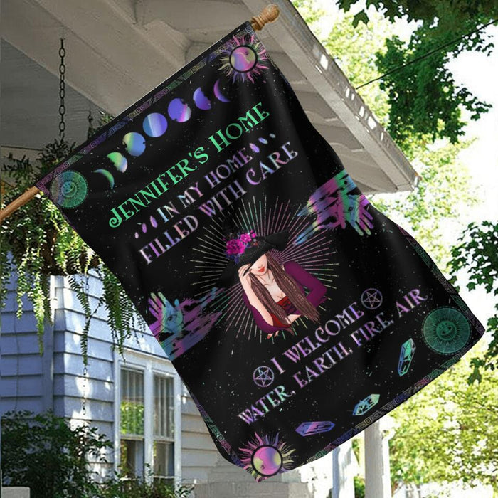 Custom Personalized Witch Lair Flag Sign - Gift Idea For Witch Lovers/Halloween - In My Home, Filled With Care I Welcome Water, Earth, Fire, Air