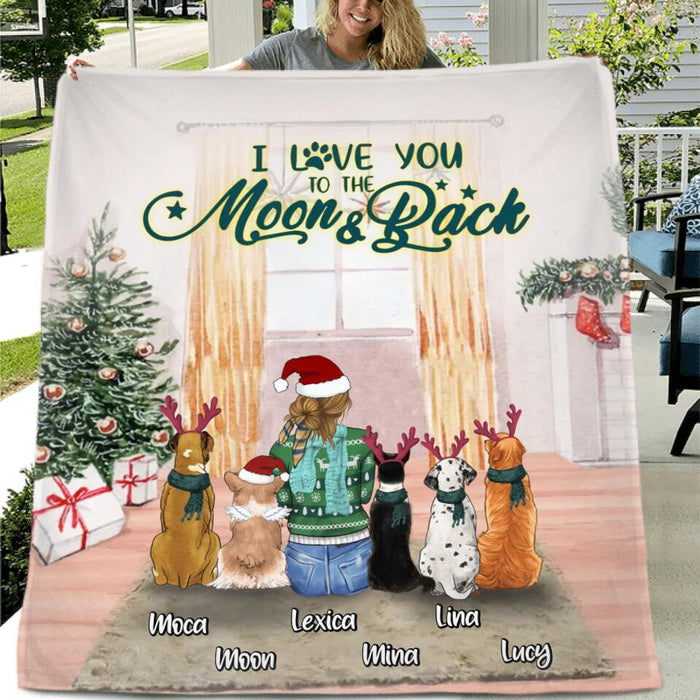 Custom Personalized Christmas Dog Mom Quilt/Fleece Blanket/Pillow Cover - Upto 5 Dogs - Gift Idea For Dog Lover/Dog Mom - I Love You To The Moon & Back