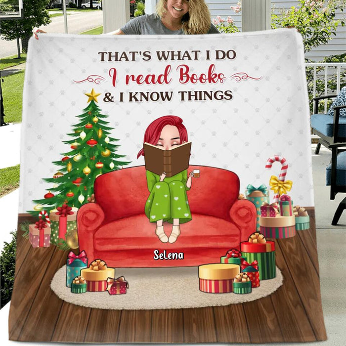 Custom Personalized Reading Book Pillow Cover/ Quilt/Fleece Blanket - Girl With Upto 5 Pets - Christmas Gift Idea For Book/Dog/Cat Lover - That's What I Do I Read Books & I Know Things