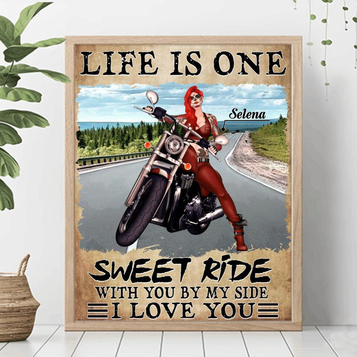 Personalized Biker Girl Vertical Poster - Gift Idea For Biking Lovers - Life Is One Sweet Ride With You By My Side, I Love You