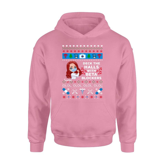 Custom Personalized Nurse T-Shirt - Gift Idea For Nurse - Deck The Halls With Beta Blockers