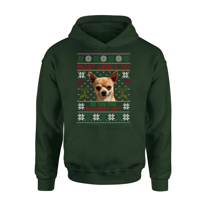 Custom Personalized Dog Photo T-Shirt - Christmas Gift Idea For Pet Lovers - Most Likely To Be On The Naughty List