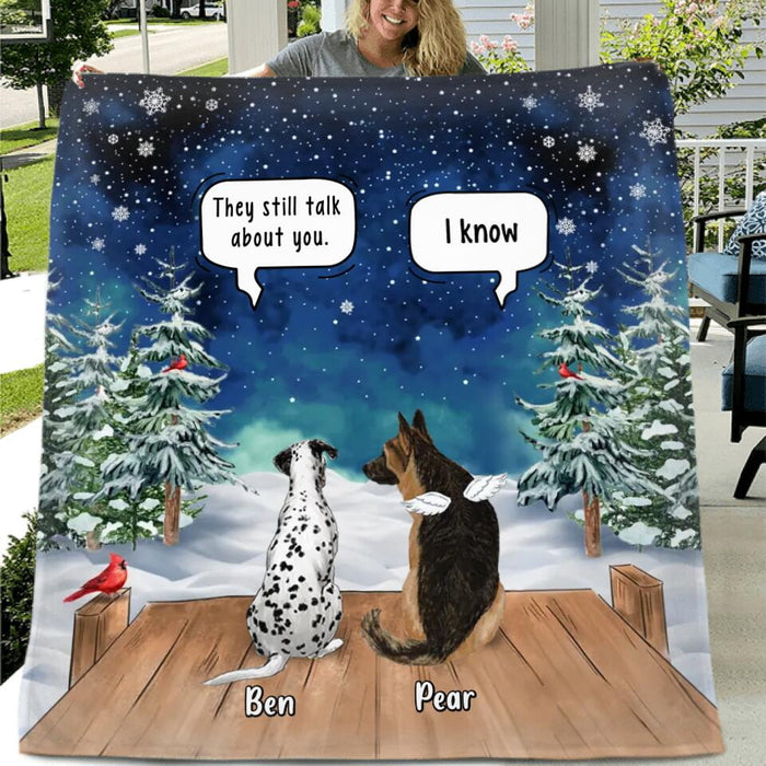 Custom Personalized Memorial Pet Quilt/Single Layer Fleece Blanket/Pillow Cover - Upto 5 Pets - Memorial Gift Idea For Dog/Cat Lovers - They Still Talk About You