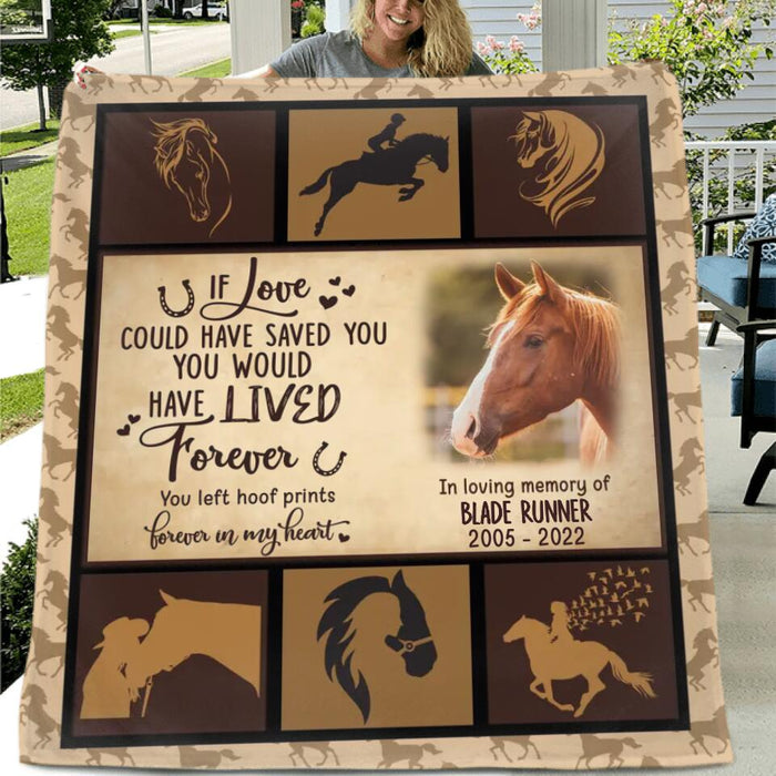 Custom Personalized Memorial Horse Fleece/ Quilt Blanket - Memorial Gift Idea For Horse Lover - You Left Hoof Prints Forever In My Heart