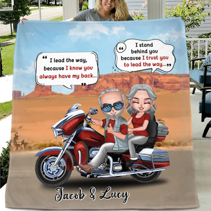 Custom Personalized Old Biker Couple Fleece/ Quilt Blanket - Gift Idea For Couple/ Biker - I Lead The Way Because I Know You Always Have My Back