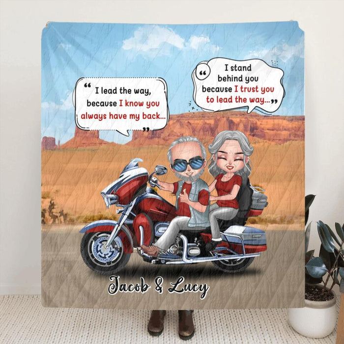 Custom Personalized Old Biker Couple Fleece/ Quilt Blanket - Gift Idea For Couple/ Biker - I Lead The Way Because I Know You Always Have My Back