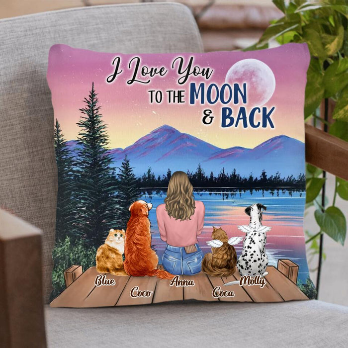 Custom Personalized Memorial Pet Pillow Cover/ Fleece/Quilt Blanket - Upto 4 Pets - Gift For Dog/Cat Lover - I Love You To The Moon & Back