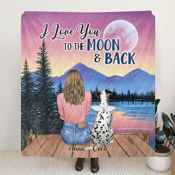 Custom Personalized Memorial Pet Pillow Cover/ Fleece/Quilt Blanket - Upto 4 Pets - Gift For Dog/Cat Lover - I Love You To The Moon & Back