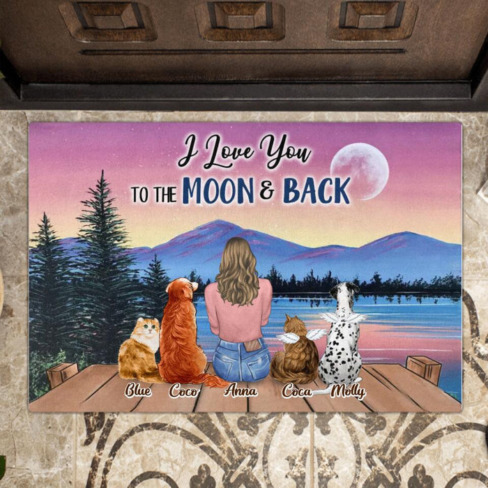 Custom Personalized Memorial Pet Mom/ Pet Dad Doormat - Upto 4 Pets - Memorial Gift For Dog/Cat Lover - I Love You To The Moon & Back