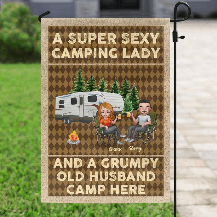 Custom Personalized Camping Couple Flag Sign - Gift Idea For Couple/ Camping Lover - A Super Sexy Camping Lady And A Grumpy Old Husband Camp Here