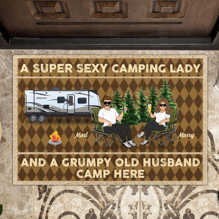 Custom Personalized Camping Couple Doormat - Gift Idea For Camping Lover/Couple Gift - A Super Sexy Camping Lady And A Grumpy Old Husband Camp Here