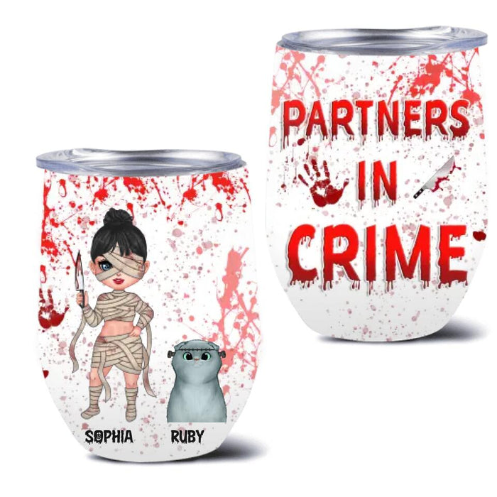 Custom Personalized Halloween Wine Tumbler - Gift Idea For Best Friend/ Halloween/ Cat Lover with up to 4 Cats - Partners In Crime