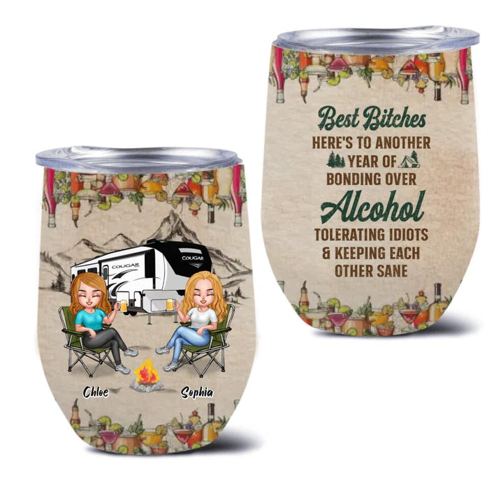 Custom Personalized Camping Friends Wine Tumbler - Upto 7 People - Gift Idea For Friends/ Camping Lover - Here's To Another Year Of Bonding Over Alcohol