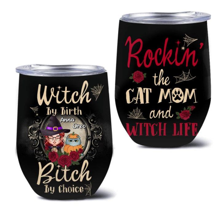 Custom Personalized Halloween Cat Mom Wine Tumbler - Gift Idea For Halloween/ Cat Lover with up to 4 Cats - Rockin' The Cat Mom and Witch Life