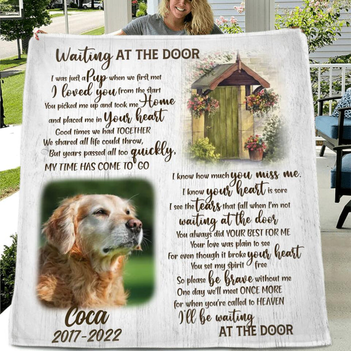 Custom Personalized Memorial Dog Fleece/Quilt Blanket - Memorial Gift For Dog Lover - Waiting At The Door