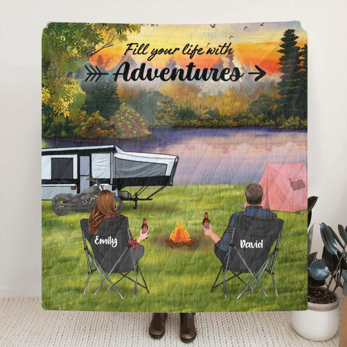 Custom Personalized Camping Quilt/ Fleece Blanket - Couple/ Parents With Upto 5 Kids And 4 Pets - Gift Idea For Camping Lover - Fill Your Life With Adventures