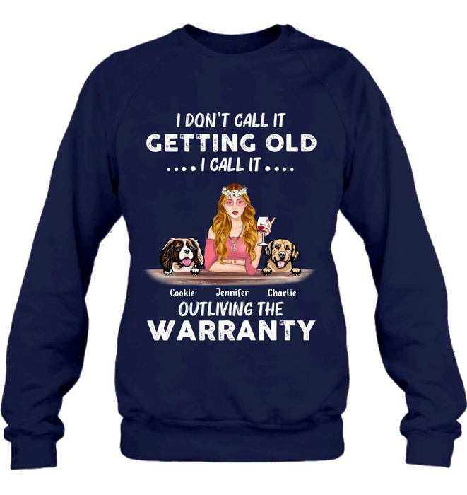 Custom Personalized Hippie Girl T-shirt/ Long Sleeve/ Sweatshirt/ Hoodie - Girl With Upto 2 Dogs - Gift Idea For Hippies/Dog Lovers - I Don't Call It Getting Old I Call It Outliving The Warranty