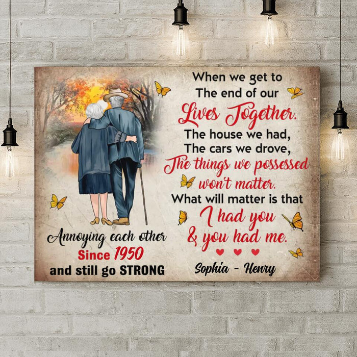 Custom Personalized Old Couple Canvas - Gift Idea For Couple/ Gift For Him/Her - Annoying Each Other Since 1950 And Still Go Strong