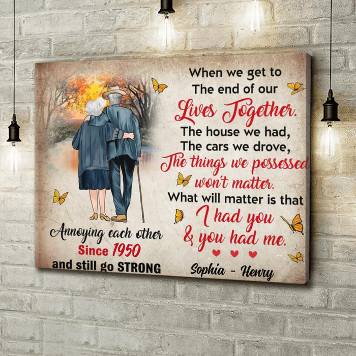 Custom Personalized Old Couple Canvas - Gift Idea For Couple/ Gift For Him/Her - Annoying Each Other Since 1950 And Still Go Strong