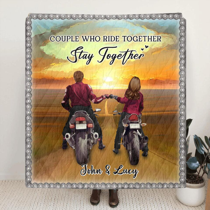 Personalized Biker Single Layer Fleece Blanket/ Quilt - Gift Idea For Couple/ Parents/ Wedding/ Anniversary - Couple Who Ride Together Stay Together