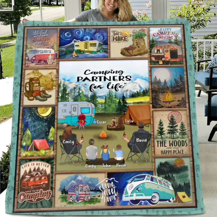 Custom Personalized Camping Fleece/Quilt Blanket - Gift Idea For Family/Couple/Camping Lover - Couple/ Adult With Upto 3 Kids And 4 Pets - Camping Partners For Life