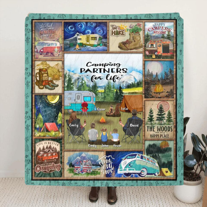 Custom Personalized Camping Fleece/Quilt Blanket - Gift Idea For Family/Couple/Camping Lover - Couple/ Adult With Upto 3 Kids And 4 Pets - Camping Partners For Life