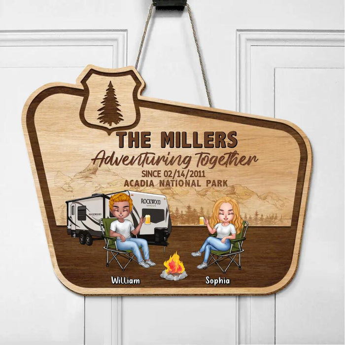 Custom Personalized Couple Camping Wooden Sign - Couple With Upto 4 Pets - Gift Idea For Couple/ Camping/ Dog/Cat Lover - Adventuring Together