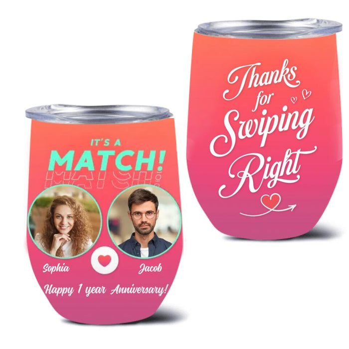 Custom Personalized Couple Wine Tumbler - Anniversary Gift/ Valentine's Day Gifts For Couple - Thanks For Swiping Right