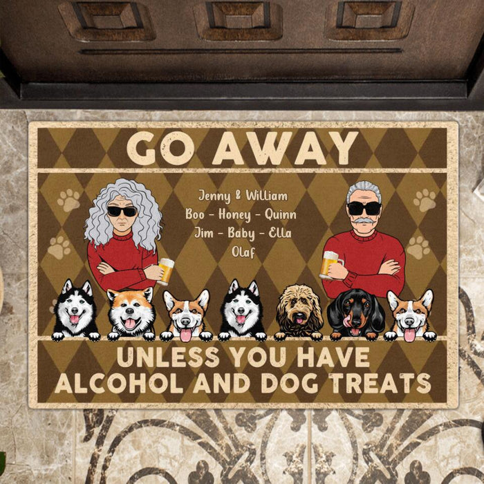 Custom Personalized Couple Doormat - Couple With Up to 7 Dogs/Cats - Gift Idea For Couple/Dog/Cat Lovers -  Go Away Unless You Have Alcohol And Dog Treats