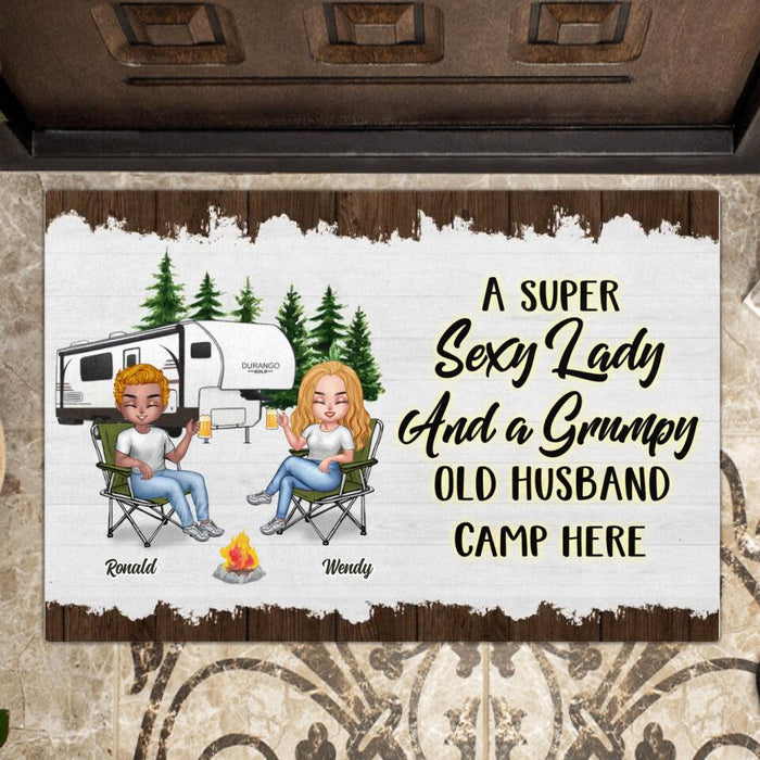 Custom Personalized Camping Doormat - Gift Idea For Camping Lover/ Friends/ Couple - Upto 5 People - A Super Sexy Lady And A Grumpy Old Husband Camp Here