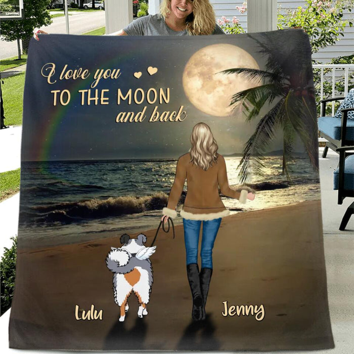 Personalized Dog Mom Single Layer Fleece Blanket/ Quilt - I Love You To The Moon and Back - Memorial Gift For Dog Owner/ Dog Lover