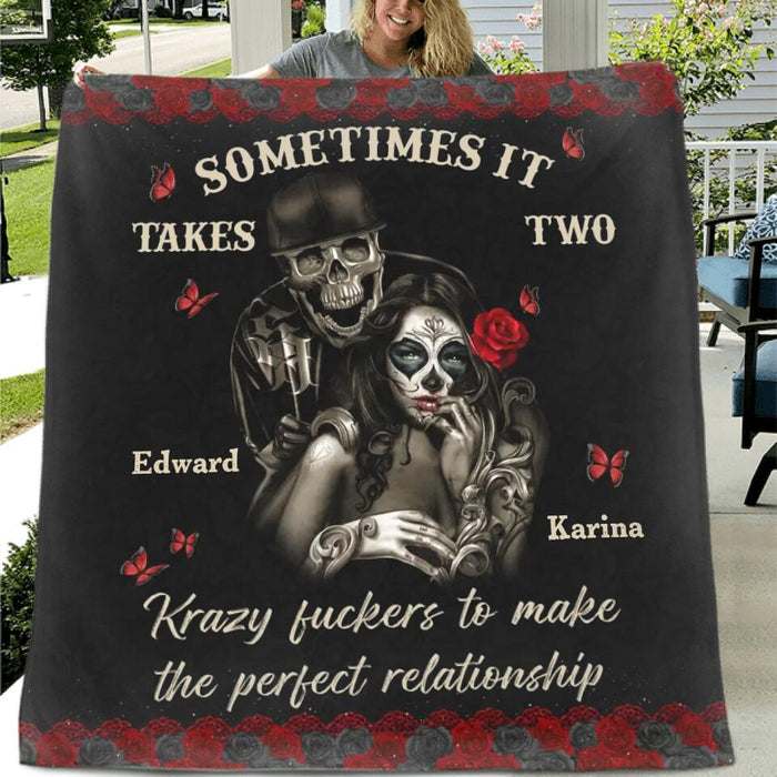 Custom Personalized Skeleton Couple Single Layer Fleece Blanket/ Quilt Blanket - Gift Idea For Couple - Sometimes It Takes Two Krazy Fuckers To Make The Perfect Relationship