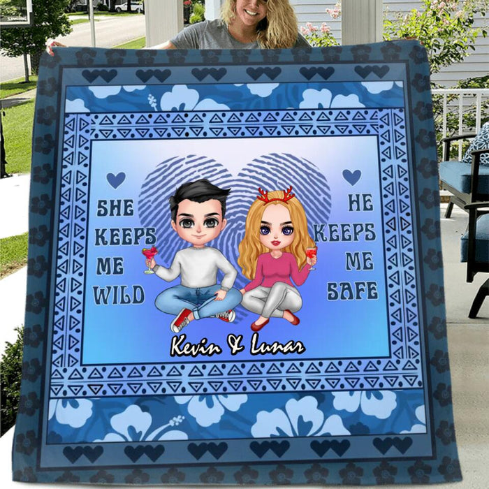 Custom Personalized Couple Single Layer Fleece Blanket/ Quilt Blanket - Gift Idea For Couple/ Anniversary Gift - He Keeps Me Safe She Keeps Me Wild