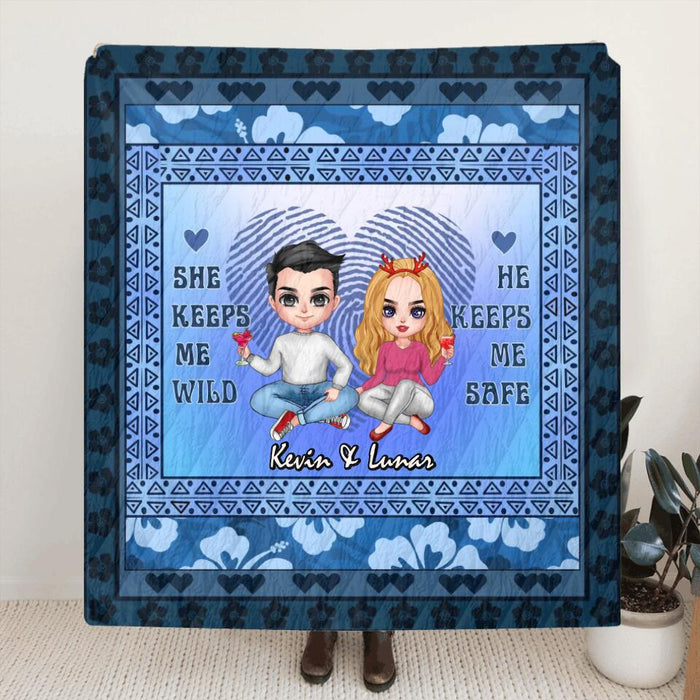 Custom Personalized Couple Single Layer Fleece Blanket/ Quilt Blanket - Gift Idea For Couple/ Anniversary Gift - He Keeps Me Safe She Keeps Me Wild