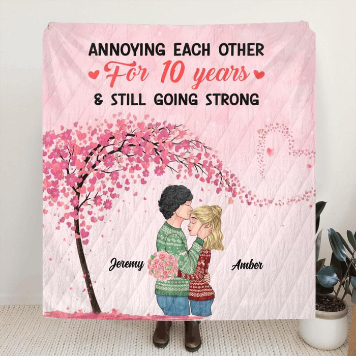 Custom Personalized Kissing Couple Quilt/Fleece Blanket/Pillow Cover - Gift Idea For Couple/Lovers - Annoying Each Other For 10 Years & Still Going Strong