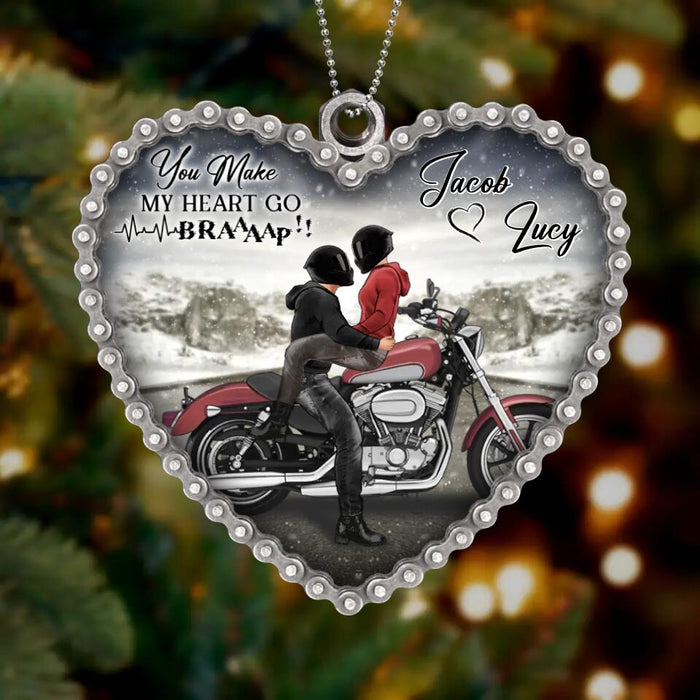 Custom Personalized Riding Couple Acrylic Ornament - Gift Idea For Couple/ Motorbike Lovers - You Make My Heart Go Braaap!