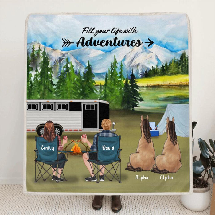 Custom Personalized Camping With Horses Quilt/ Fleece Blanket - Couple/Adult With Up to 2 Horses - Best Gift For Camping Lover, Horse Lovers